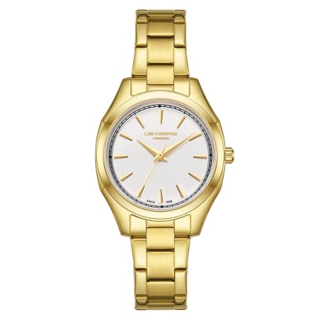 Lee Cooper watch with gold bracelet and white dial.