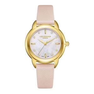 Women’s stainless steel watch with mother-of-pearl dial and light pink leather strap