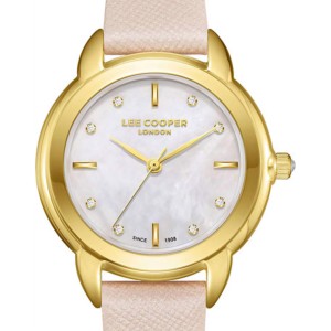 Women’s stainless steel watch with mother-of-pearl dial and light pink leather strap