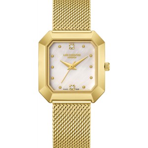 Women’s stainless steel watch with square case, mother-of-pearl dial and gold bracelet