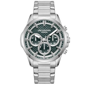 Lee Cooper multifunction watch with green patterned dial and metal bracelet