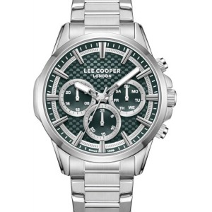 Lee Cooper multifunction watch with green patterned dial and metal bracelet