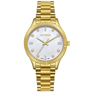 Lee Cooper gold watch with white dial, crystal hour markers and metal bracelet