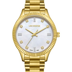 Lee Cooper gold watch with white dial, crystal hour markers and metal bracelet
