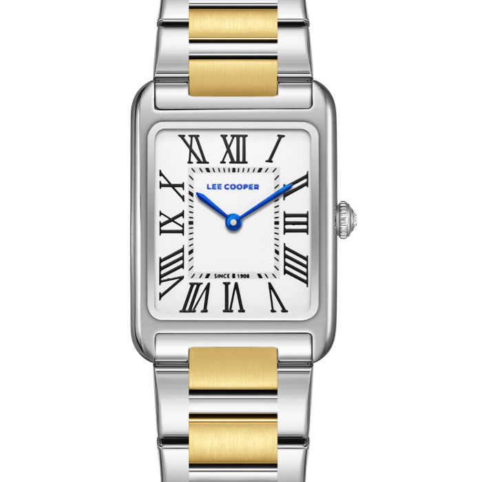Ορθογώνιο δίχρωμο ρολόι Lee Cooper με λευκό καντράν και μεταλλικό μπρασελέ
