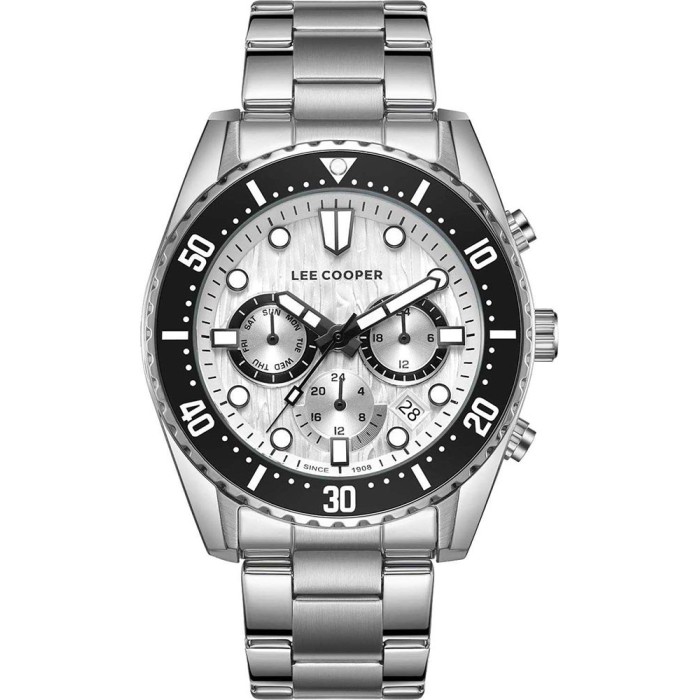 Lee Cooper multifunction watch with silver dial, black bezel and metal bracelet
