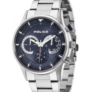 Police watch with silver metal bracelet and blue dial