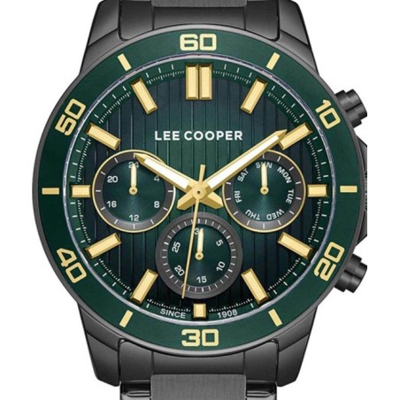 Lee Cooper multifunction watch with green dial and black metal bracelet