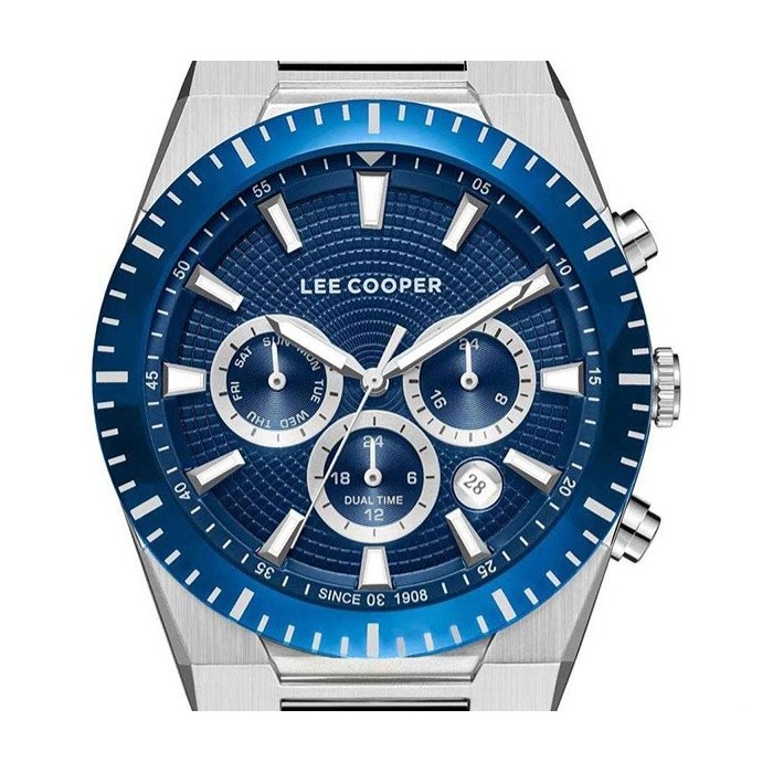 Lee Cooper multifunction watch with blue textured dial and metal bracelet
