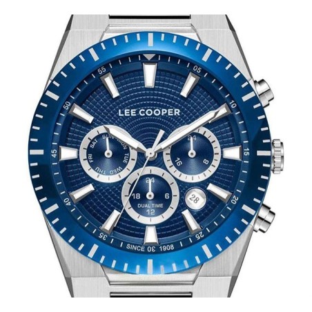Lee Cooper multifunction watch with blue textured dial and metal bracelet