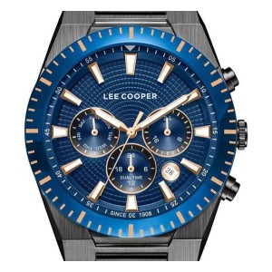 Lee Cooper multifunction watch with blue textured dial and black metal bracelet