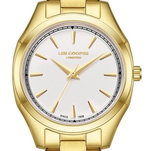 Lee Cooper watch with gold bracelet and white dial.