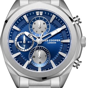 Men’s chronograph watch with blue dial and stainless steel bracelet.