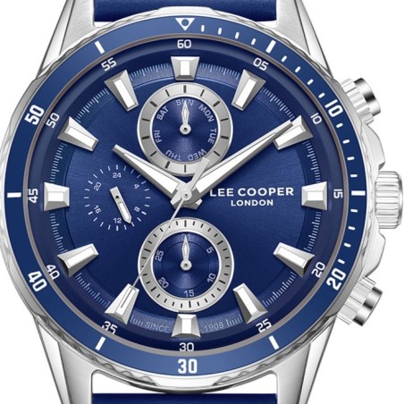 Men’s chronograph watch with blue dial, stainless steel case and blue leather strap.