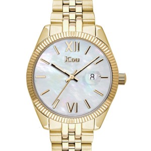 JCou watch with gold-tone stainless steel bracelet and mother-of-pearl dial with Roman numerals