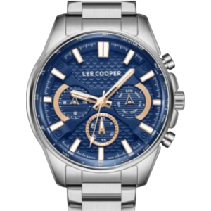 Lee Cooper multifunction watch with blue textured dial and metal bracelet