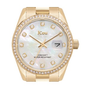 Ρολόι JCou με φίλντισι καντράν, στεφάνη με κρυστάλλους και χρυσό μεταλλικό μπρασελέ