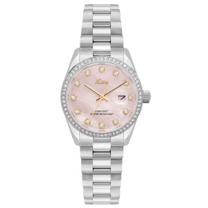 JCou watch with pink mother-of-pearl dial, crystal bezel and silver metal bracelet