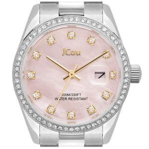 JCou watch with pink mother-of-pearl dial, crystal bezel and silver metal bracelet