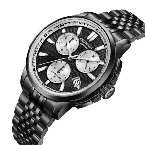 Quantum chronograph watch with black dial and black bracelet
