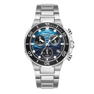 Chronograph watch with blue dial and silver stainless steel bracelet