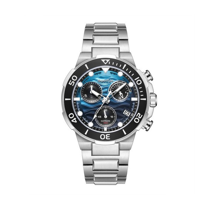Chronograph watch with blue dial and silver stainless steel bracelet